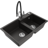 Mexen Tomas 2-bowl granite sink with Duo kitchen faucet, black/gold metallic - 6516-75-671701-07
