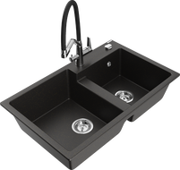 Mexen Tomas 2-compartment granite sink with a kitchen mixer tap Duo, Black/ gold metallic - 6516-75-671701-07