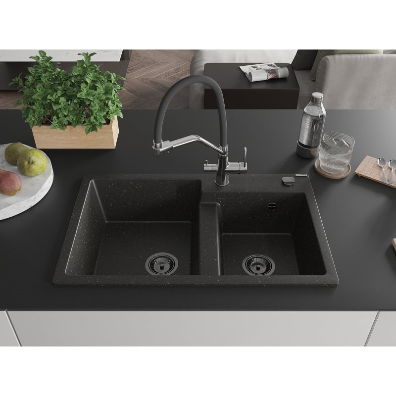 Mexen Tomas granite sink 2-bowl with Duo kitchen faucet, black/gold metallic - 6516-75-671701-07-B