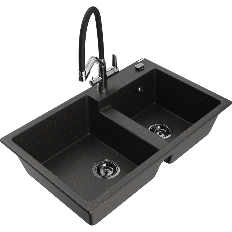 Mexen Tomas 2-compartment granite sink with a kitchen mixer tap Duo, Black/ gold metallic - 6516-75-671701-07-B