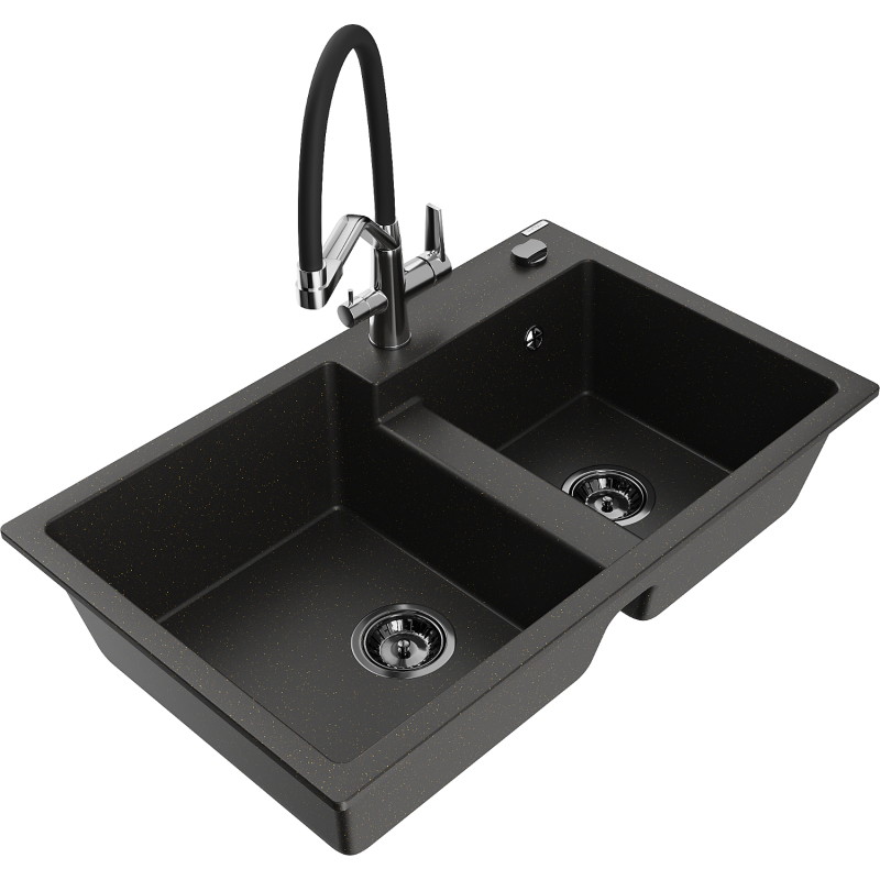 Mexen Tomas granite kitchen sink 2-chamber with Duo kitchen faucet, black/golden metallic - 6516-75-671701-07-B