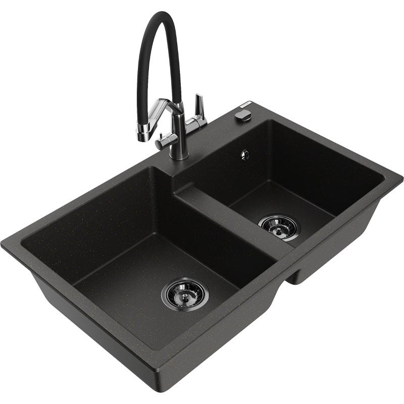Mexen Tomas granite sink 2-bowl with Duo kitchen tap, black/gold metallic - 6516-75-671701-07-B