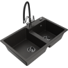 Mexen Tomas granite sink 2-bowl with Duo kitchen tap, black/gold metallic - 6516-75-671701-07-B