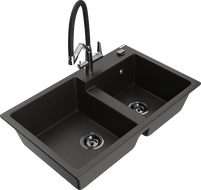 Mexen Tomas granite kitchen sink 2-chamber with Duo kitchen faucet, black/golden metallic - 6516-75-671701-07-B