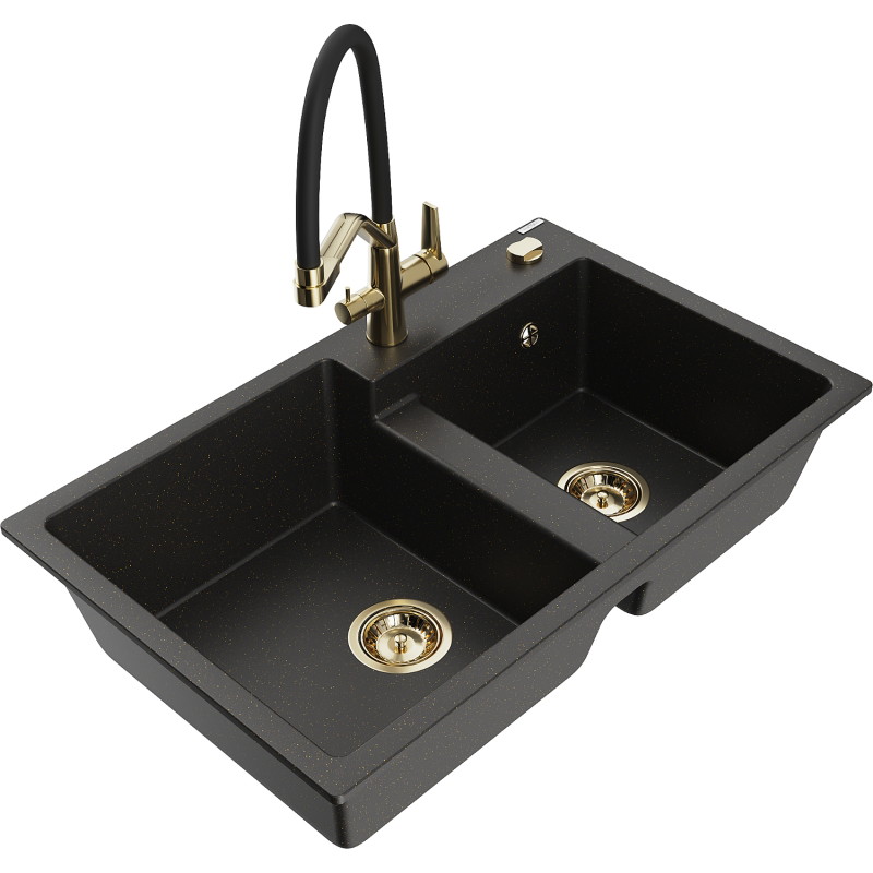 Mexen Tomas 2-compartment granite sink with Duo kitchen faucet, black/gold metallic - 6516-75-671701-57-G