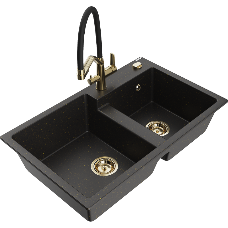 Mexen Tomas granite sink with two bowls and Duo kitchen tap, black/gold metallic - 6516-75-671701-57-G