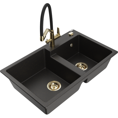 Mexen Tomas granite double-bowl sink with Duo kitchen faucet, black/gold metallic - 6516-75-671701-57-G