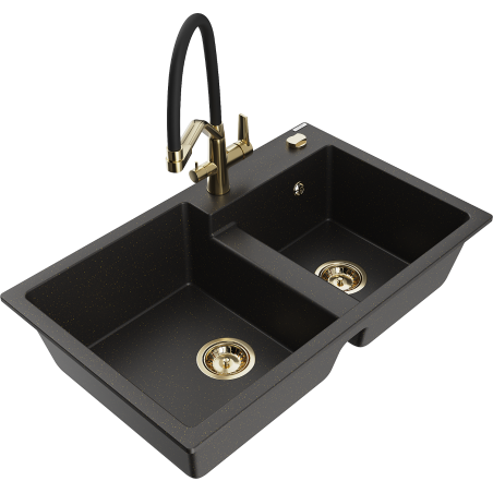 Mexen Tomas granite sink with two bowls and Duo kitchen tap, black/gold metallic - 6516-75-671701-57-G