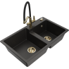 Mexen Tomas 2-compartment granite sink with Duo kitchen faucet, black/gold metallic - 6516-75-671701-57-G