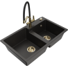 Mexen Tomas granite sink with two bowls and Duo kitchen tap, black/gold metallic - 6516-75-671701-57-G