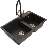 Mexen Tomas 2-compartment granite sink with Duo kitchen faucet, black/gold metallic - 6516-75-671701-57-G