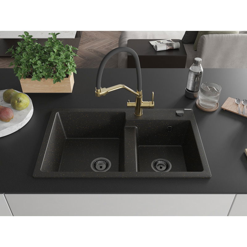 Mexen Tomas 2-bowl granite sink with Duo kitchen faucet, black/gold metallic - 6516-75-671701-57-B