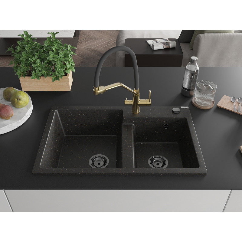 Mexen Tomas granite double-bowl sink with Duo kitchen faucet, black/gold metallic - 6516-75-671701-57-B