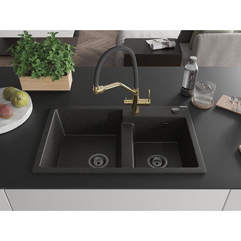 Mexen Tomas granite kitchen sink 2-chamber with Duo kitchen faucet, black/gold metallic - 6516-75-671701-57-B