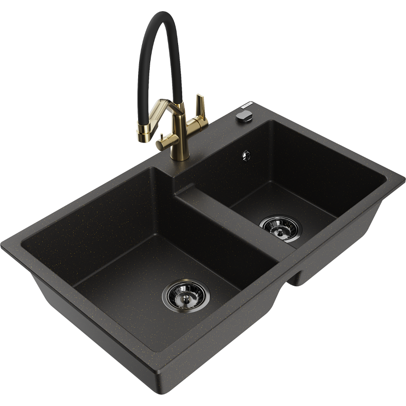 Mexen Tomas 2-compartment granite sink with a kitchen mixer tap Duo, Black/ gold metallic - 6516-75-671701-57-B