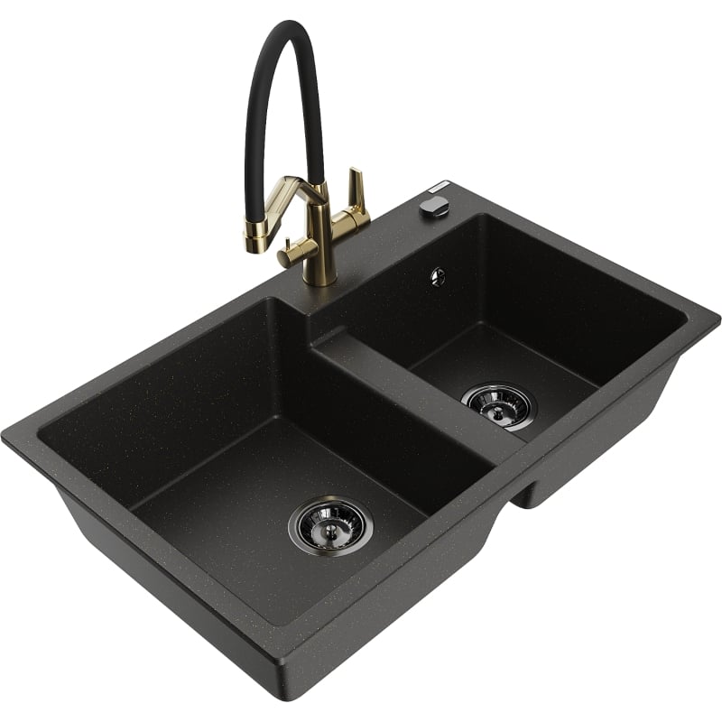 Mexen Tomas granite kitchen sink 2-chamber with Duo kitchen faucet, black/gold metallic - 6516-75-671701-57-B