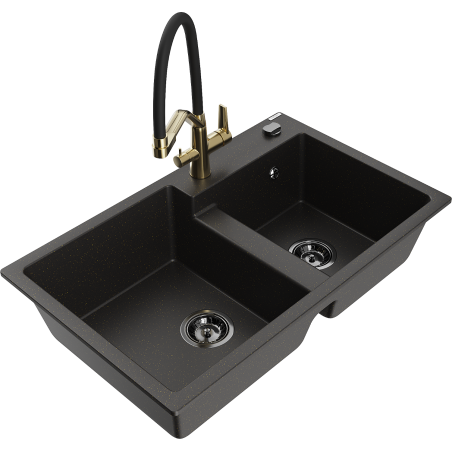 Mexen Tomas granite kitchen sink 2-chamber with Duo kitchen faucet, black/gold metallic - 6516-75-671701-57-B