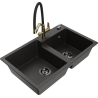 Mexen Tomas 2-bowl granite sink with Duo kitchen faucet, black/gold metallic - 6516-75-671701-57-B