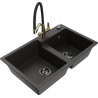 Mexen Tomas granite kitchen sink 2-chamber with Duo kitchen faucet, black/gold metallic - 6516-75-671701-57-B