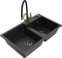 Mexen Tomas granite double-bowl sink with Duo kitchen faucet, black/gold metallic - 6516-75-671701-57-B