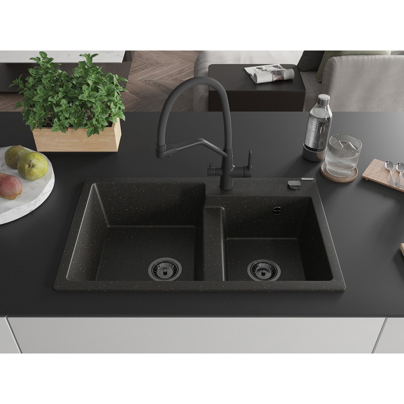 Mexen Tomas 2-chamber granite sink with Duo kitchen faucet, black/gold metallic - 6516-75-671701-70-B