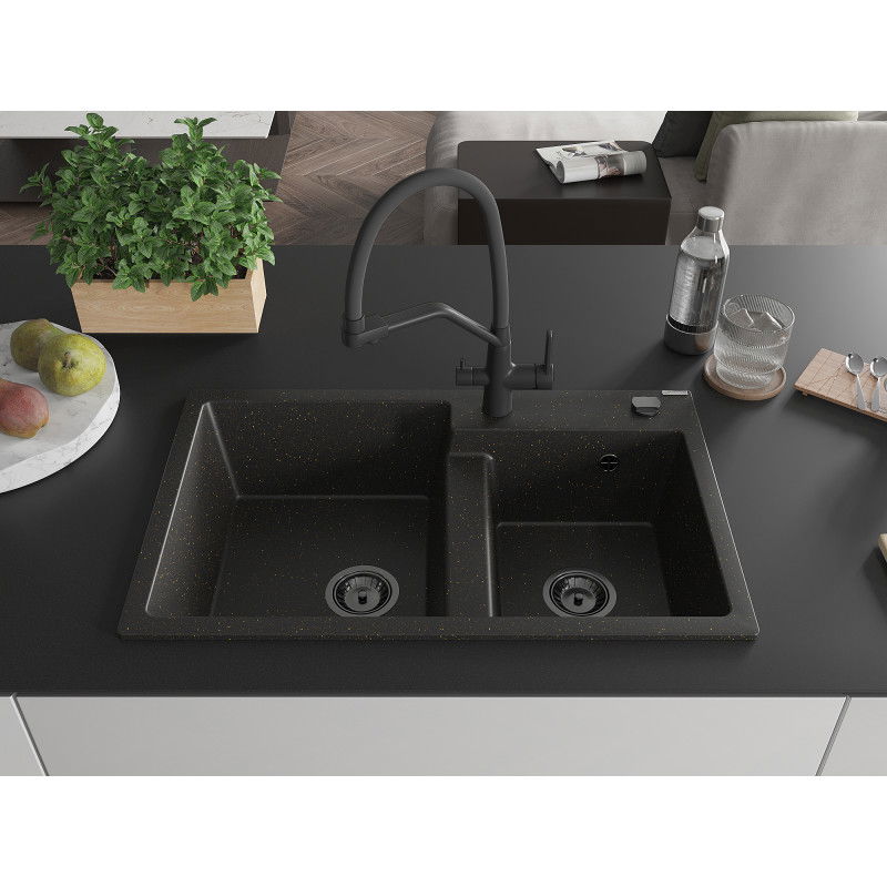 Mexen Tomas 2-chamber granite sink with Duo kitchen tap, black/golden metallic - 6516-75-671701-70-B