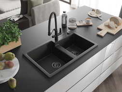 Mexen Tomas granite double-bowl kitchen sink with Duo faucet, black/gold metallic - 6516-75-671701-70-B