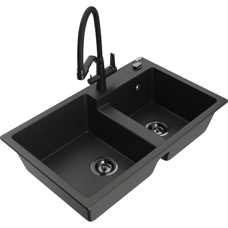 Mexen Tomas 2-chamber granite sink with Duo kitchen faucet, black/gold metallic - 6516-75-671701-70-B