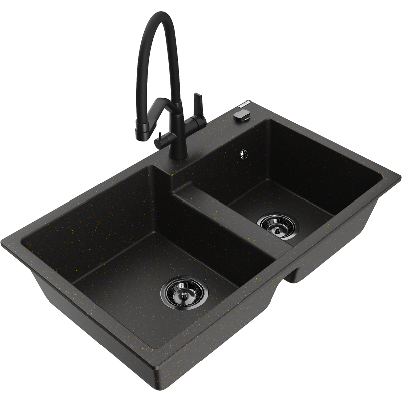 Mexen Tomas 2-chamber granite sink with Duo kitchen tap, black/golden metallic - 6516-75-671701-70-B