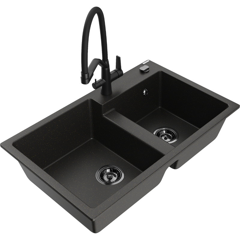 Mexen Tomas granite double-bowl kitchen sink with Duo faucet, black/gold metallic - 6516-75-671701-70-B