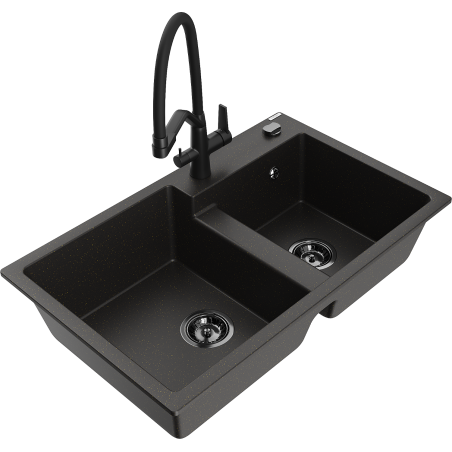 Mexen Tomas 2-chamber granite sink with Duo kitchen faucet, black/gold metallic - 6516-75-671701-70-B
