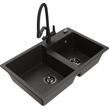 Mexen Tomas 2-chamber granite sink with Duo kitchen tap, black/golden metallic - 6516-75-671701-70-B