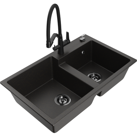Mexen Tomas granite double-bowl kitchen sink with Duo faucet, black/gold metallic - 6516-75-671701-70-B