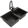 Mexen Tomas 2-chamber granite sink with Duo kitchen faucet, black/gold metallic - 6516-75-671701-70-B