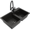 Mexen Tomas granite double-bowl kitchen sink with Duo faucet, black/gold metallic - 6516-75-671701-70-B