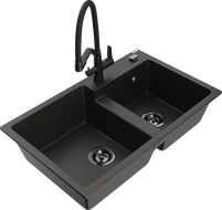Mexen Tomas granite double-bowl kitchen sink with Duo faucet, black/gold metallic - 6516-75-671701-70-B
