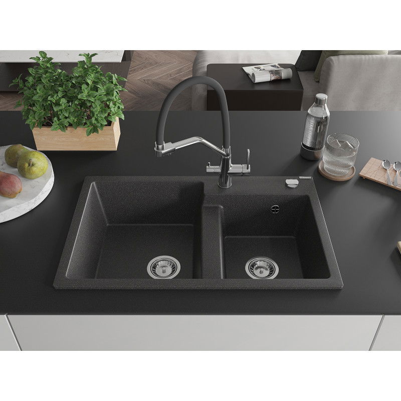 Mexen Tomas 2-bowl granite sink with Duo kitchen tap, black speckled - 6516-76-671701-07