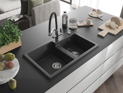 Mexen Tomas 2-compartment granite sink with a kitchen mixer tap Duo, Spotted black - 6516-76-671701-07