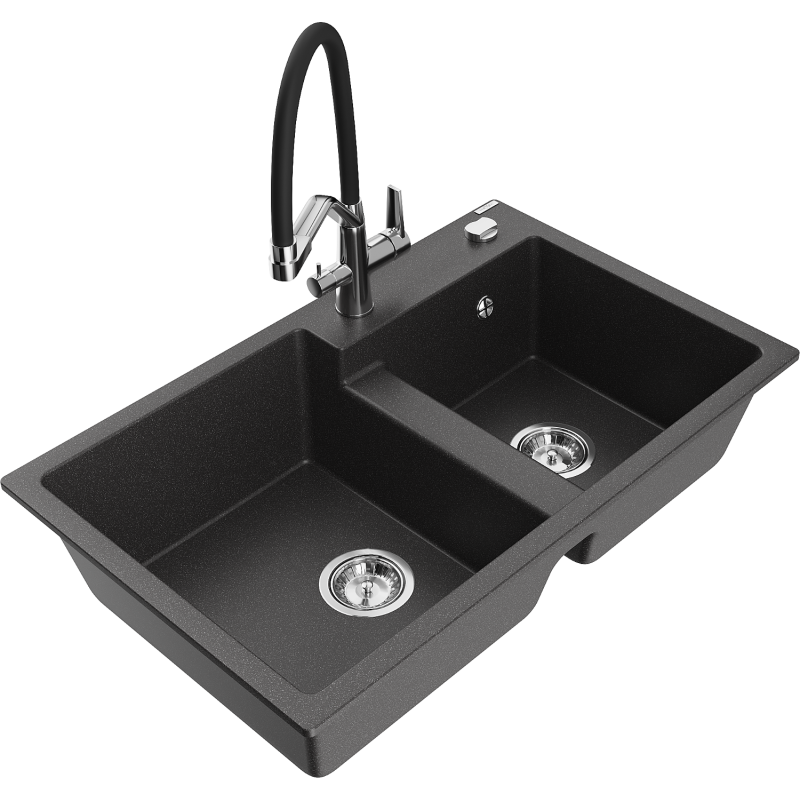 Mexen Tomas 2-bowl granite sink with Duo kitchen tap, black speckled - 6516-76-671701-07