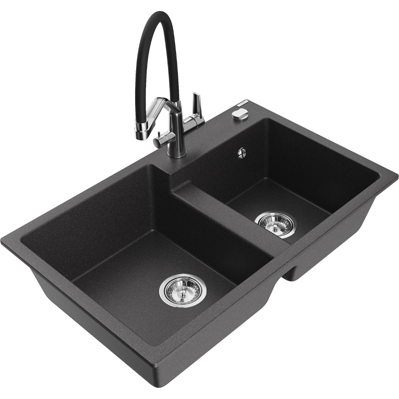 Mexen Tomas 2-compartment granite sink with a kitchen mixer tap Duo, Spotted black - 6516-76-671701-07