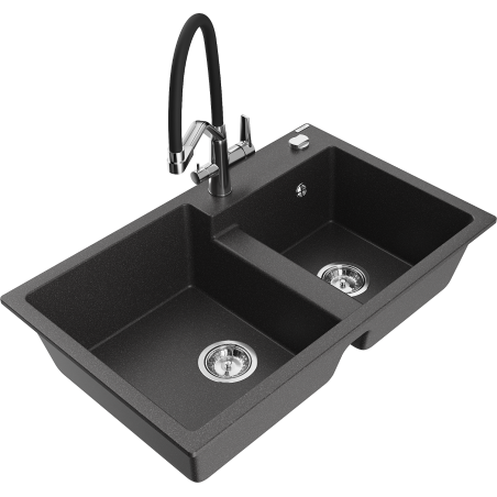 Mexen Tomas granite double-bowl sink with Duo kitchen faucet, black speckled - 6516-76-671701-07