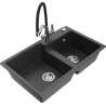 Mexen Tomas 2-bowl granite sink with Duo kitchen tap, black speckled - 6516-76-671701-07