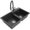 Mexen Tomas granite double-bowl sink with Duo kitchen faucet, black speckled - 6516-76-671701-07