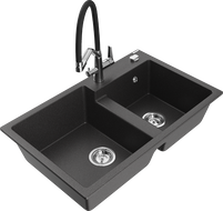 Mexen Tomas 2-compartment granite sink with a kitchen mixer tap Duo, Spotted black - 6516-76-671701-07