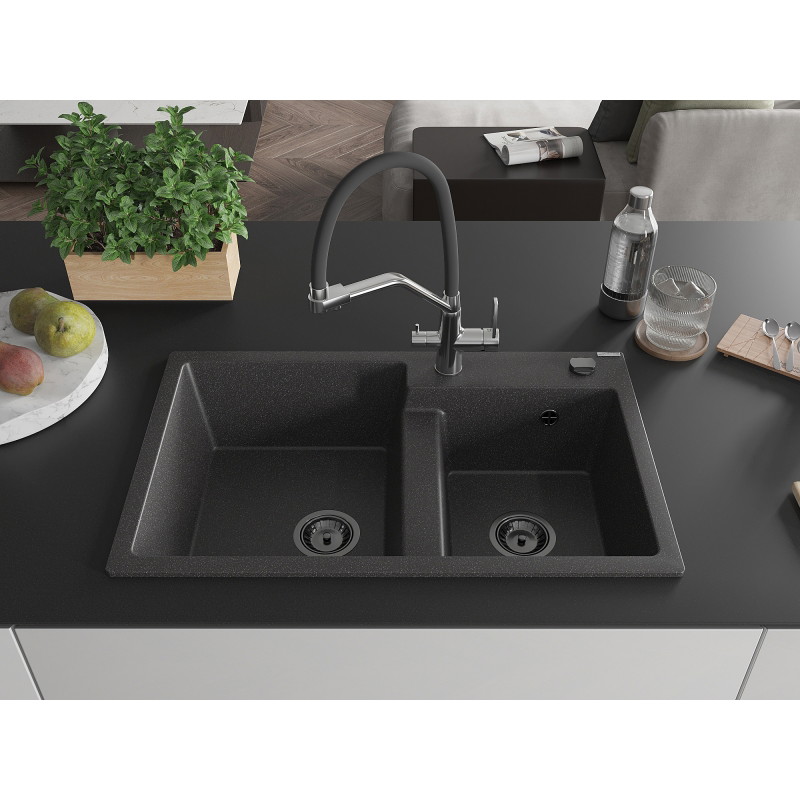 Mexen Tomas 2-bowl granite kitchen sink with Duo faucet, black speckled - 6516-76-671701-07-B