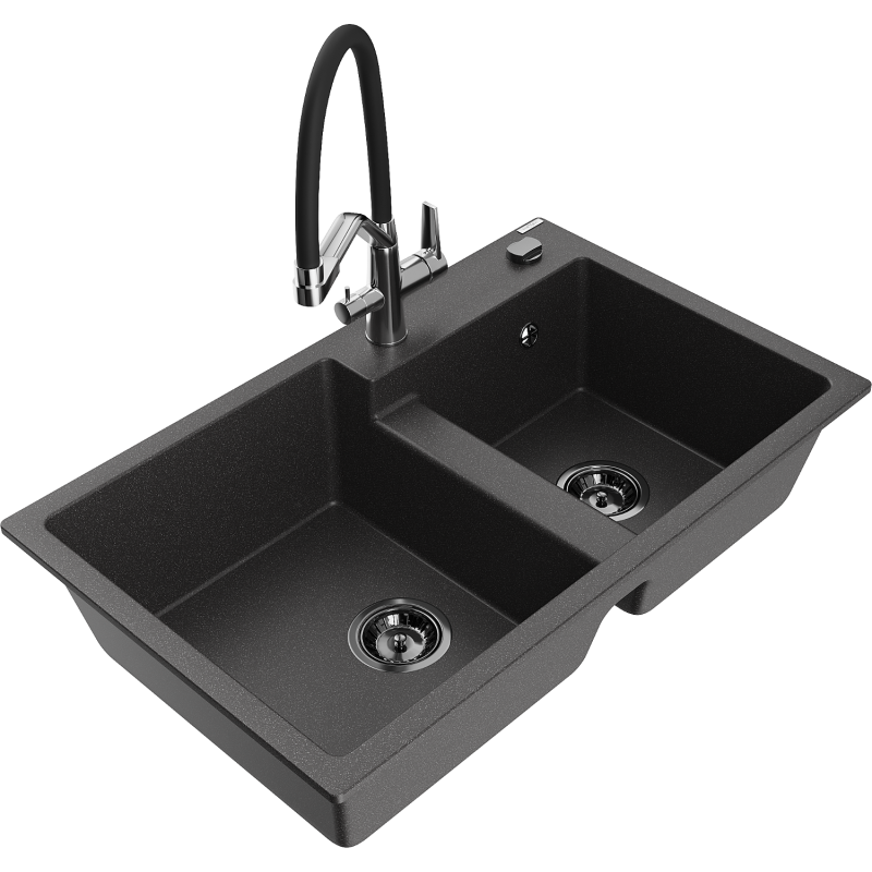 Mexen Tomas granite sink 2-chamber with duo kitchen tap, black speckled - 6516-76-671701-07-B