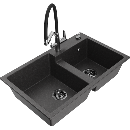 Mexen Tomas 2-chamber granite sink with Duo kitchen faucet, black speckled - 6516-76-671701-07-B