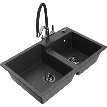 Mexen Tomas granite sink 2-chamber with duo kitchen tap, black speckled - 6516-76-671701-07-B