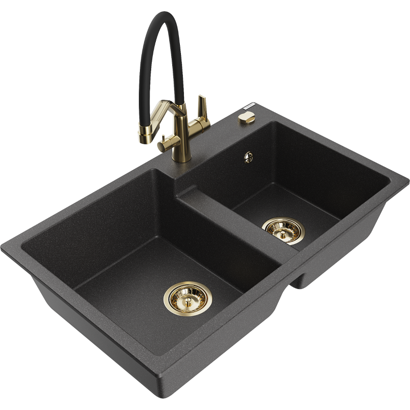 Mexen Tomas 2-compartment granite sink with a kitchen mixer tap Duo, Spotted black - 6516-76-671701-57-G