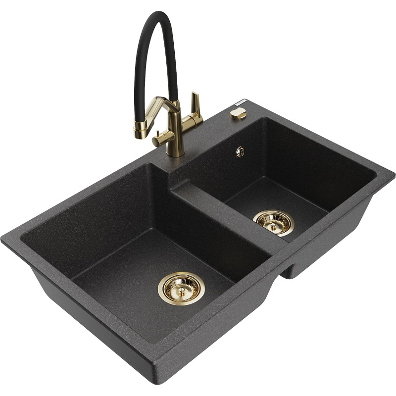 Mexen Tomas granite double bowl kitchen sink with Duo faucet, speckled black - 6516-76-671701-57-G